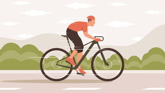 Illustration of a person riding an e-bike outdoors, Pogo Cycles electric bike concept