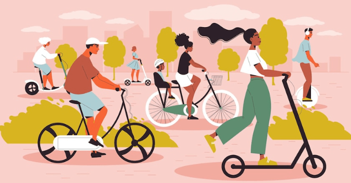 People riding electric bikes and scooters in a park, eco-friendly urban commute at Pogo Cycles.