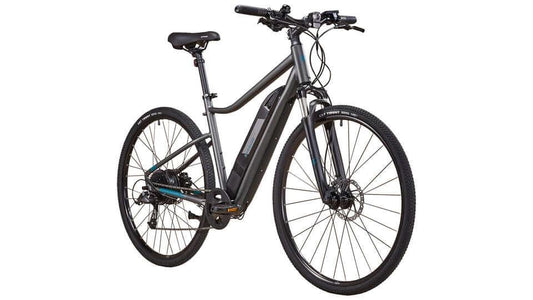 black electric bike with integrated battery, side view, suitable for city commuting