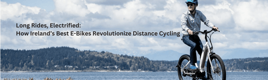 Electric bike side view with rider cycling outdoors by a lake and mountains