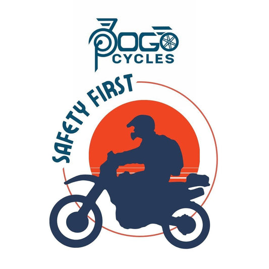 Pogo Cycles electric bike safety first graphic with helmeted rider silhouette and logo