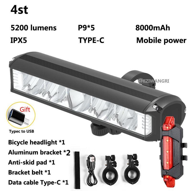 8000mAh 5 LED 5*P90 Bike Light Waterproof USB Rechargeable LED Bicycle Light 5200 Lumens Flashlight and Headlamp As Power Bank - Pogo Cycles