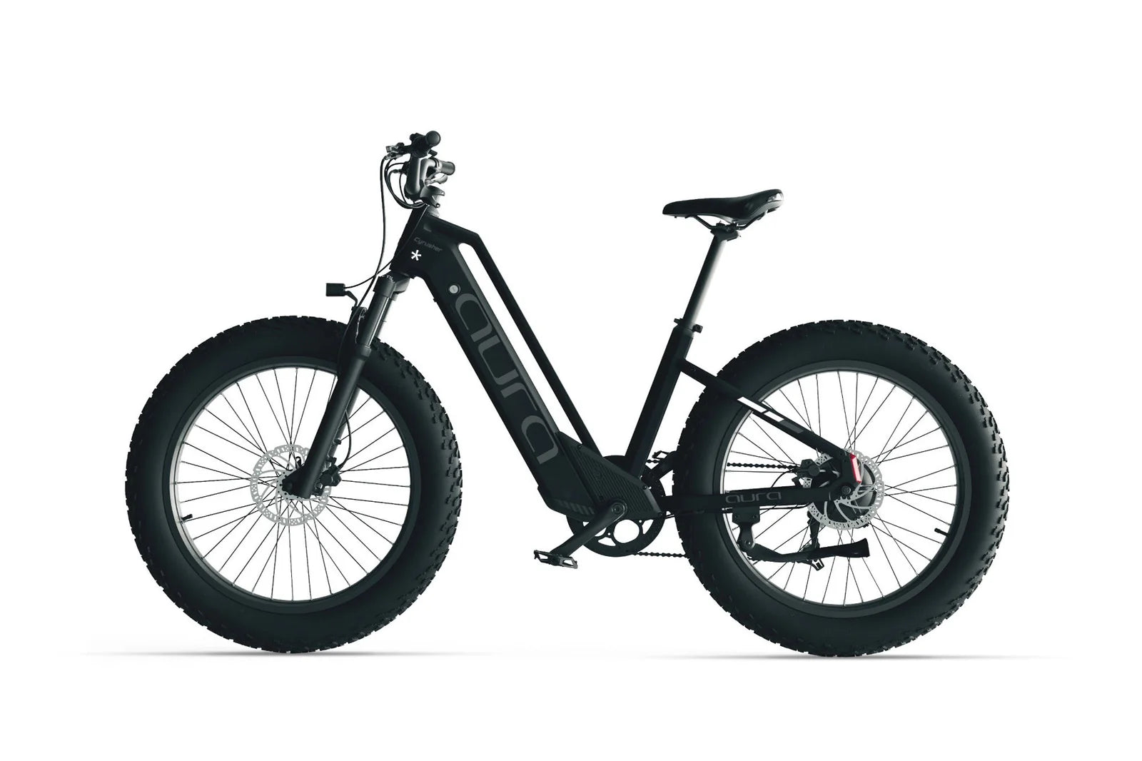 Cyrusher Aura Step-Through Electric Bike in back, left side view on a white background