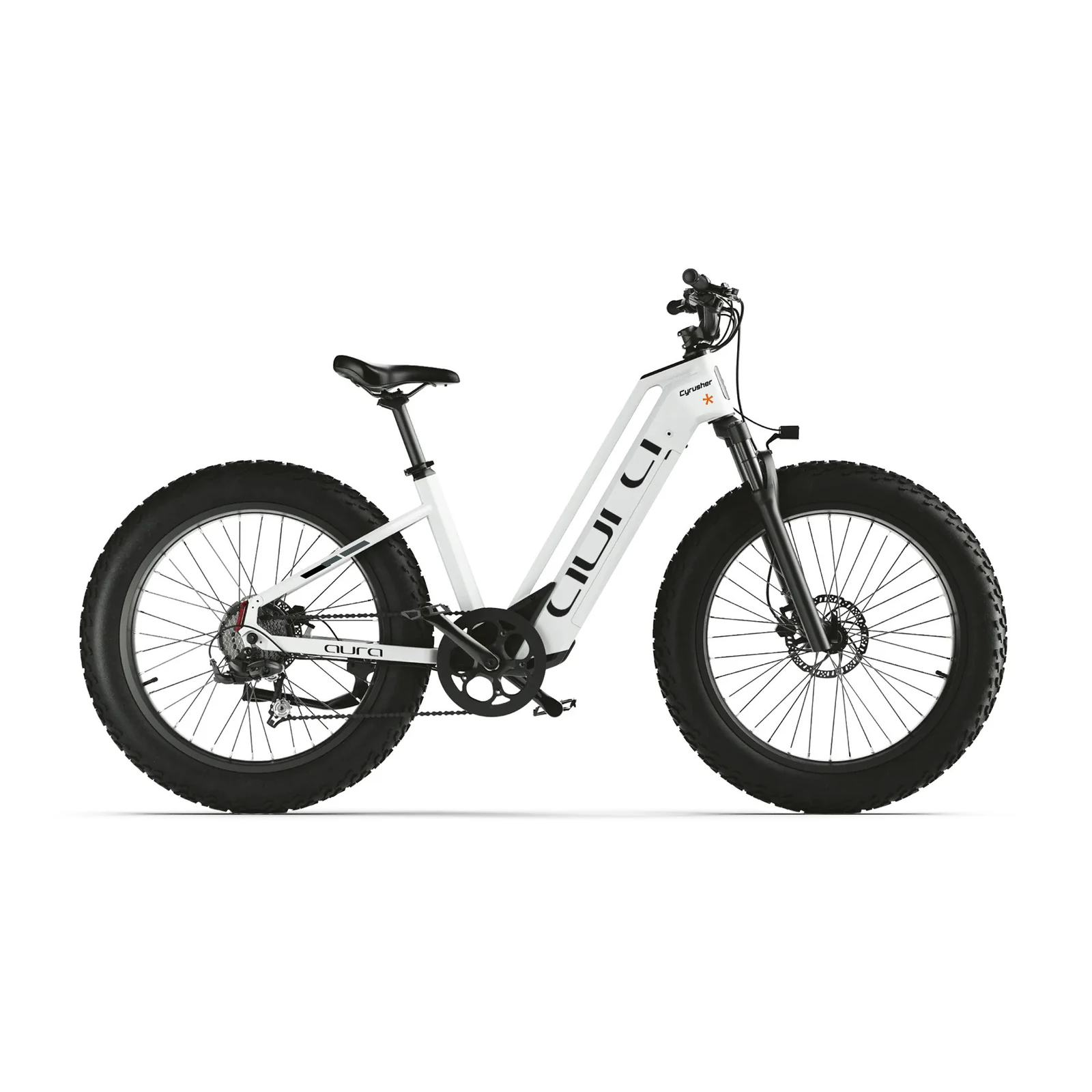 Cyrusher Aura Step-Through Electric Bike in white colour on white background