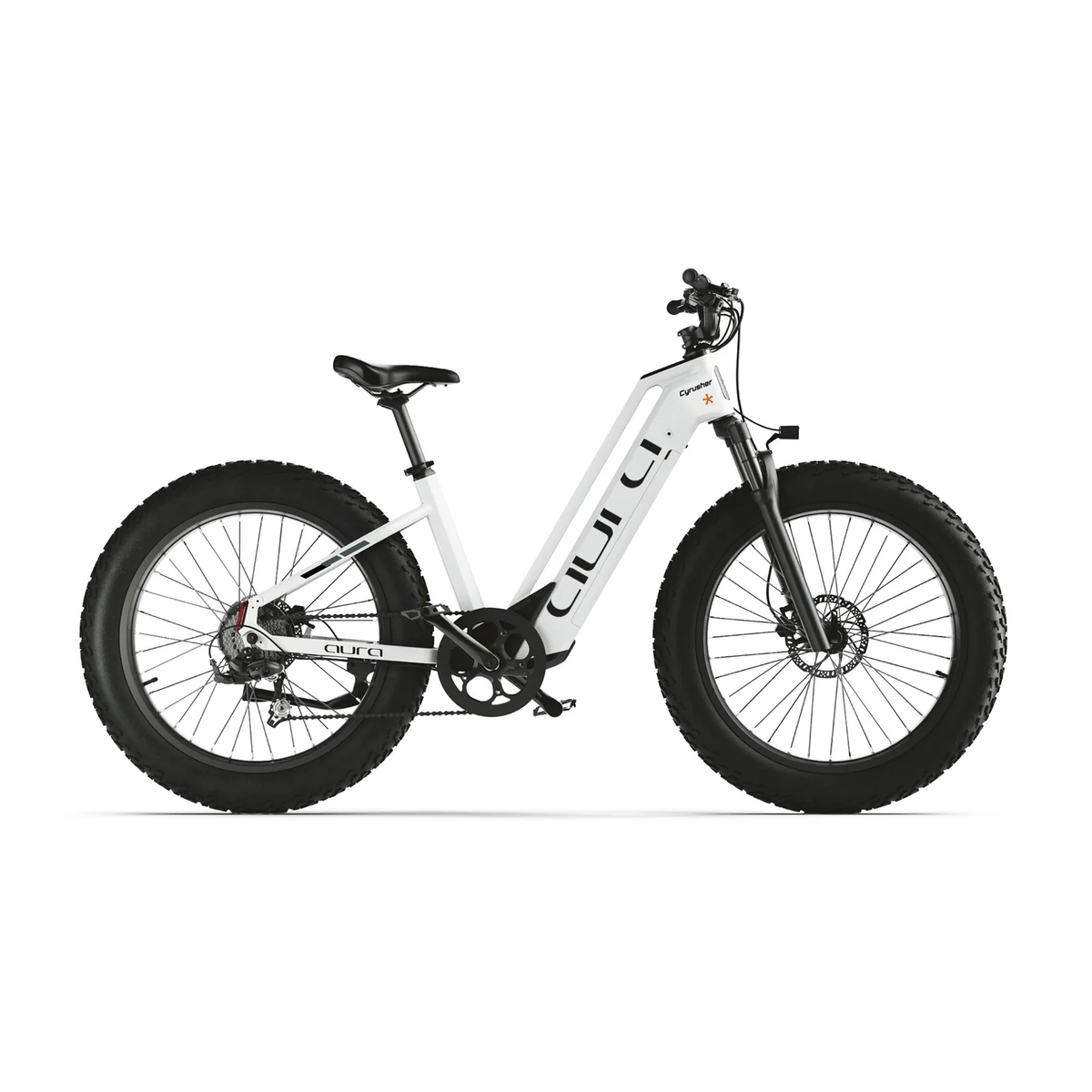Cyrusher Aura Step-Through Electric Bike in white colour on white background