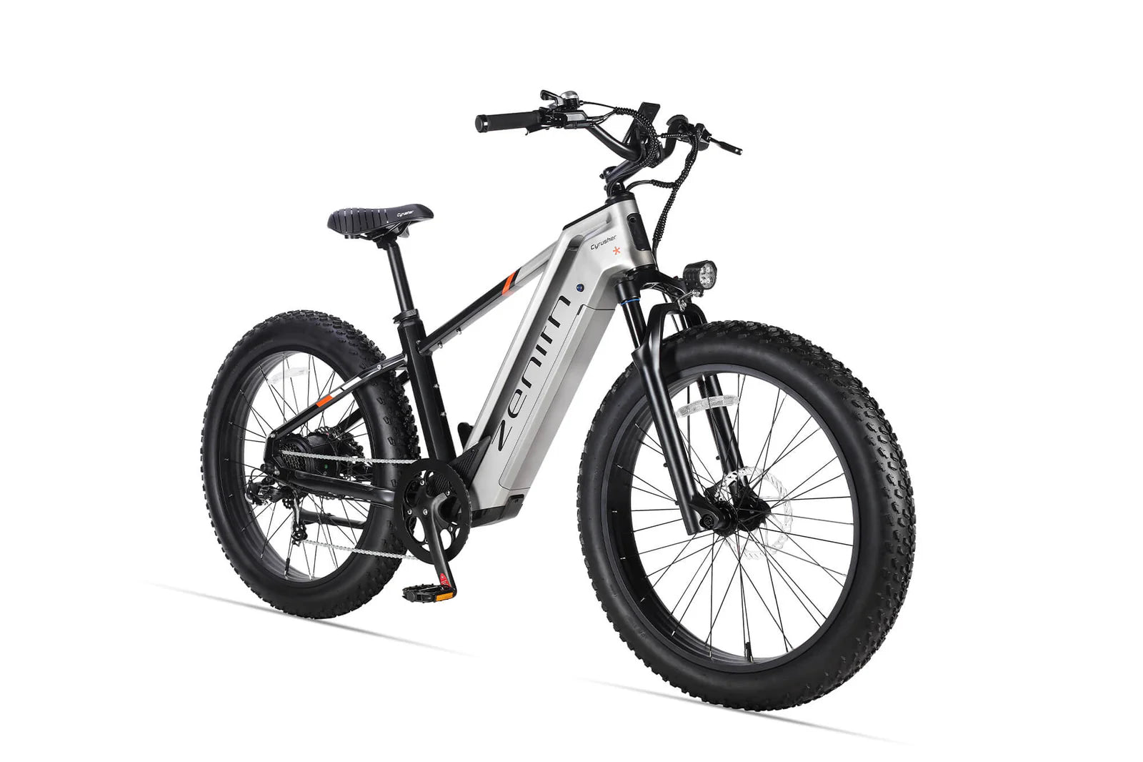 Cyrusher Zenith electric cycle in silver right side view on a white background