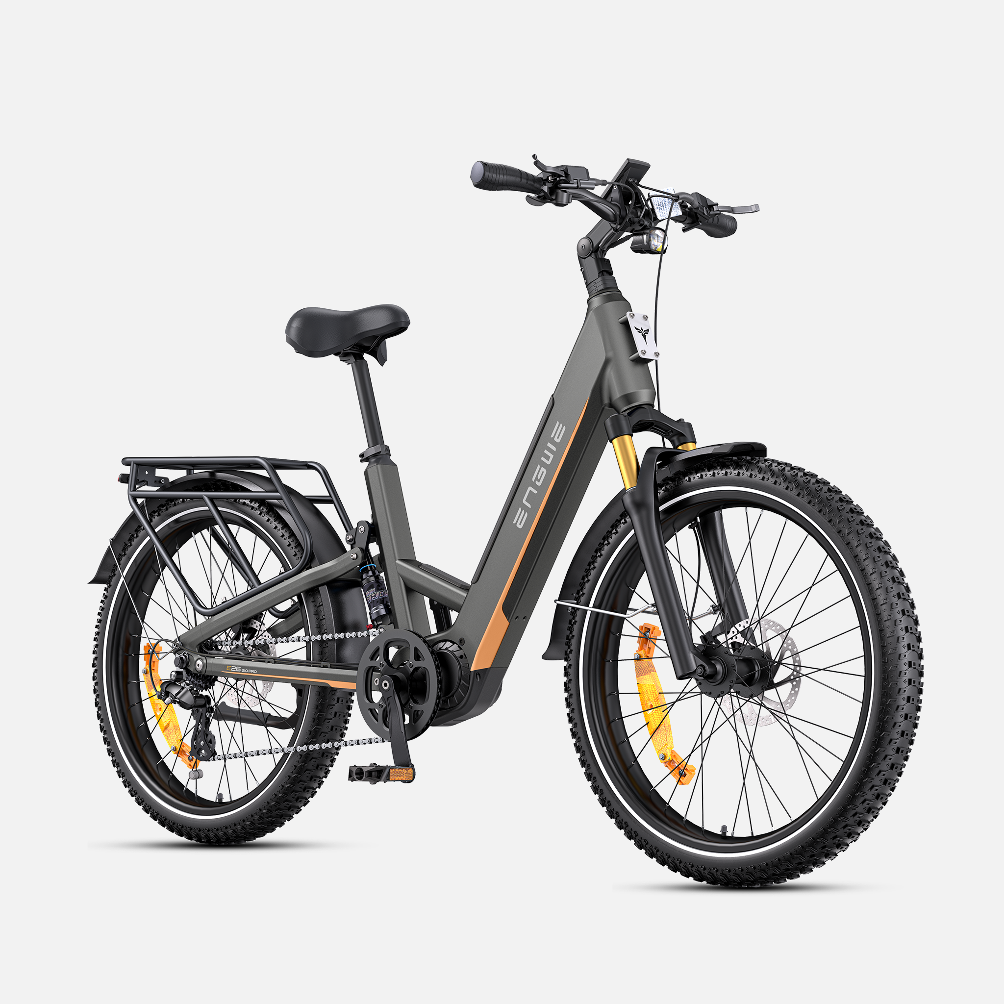 A dark gray ENGWE E26 3.0 Pro step-through electric bicycle with orange accents, fat tires, and rear cargo racks, shown on a light gray background.