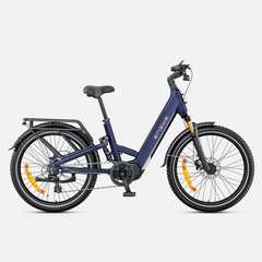 A navy blue ENGWE E26 3.0 Pro electric bicycle with black tires, a black saddle, and small orange reflectors on the wheels, shown from a side profile against a light gray background.