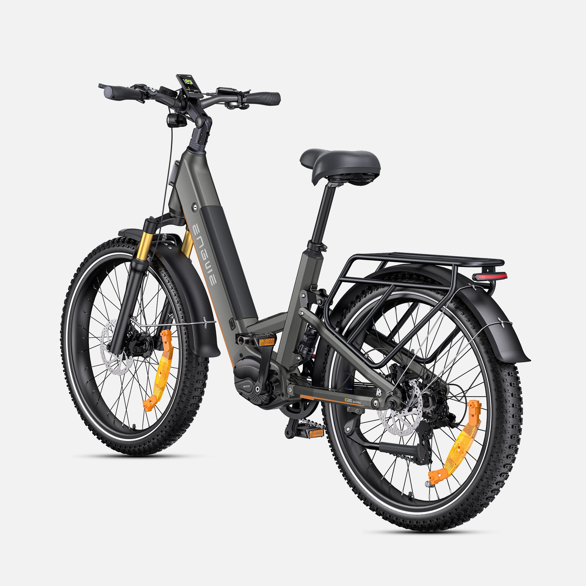 A dark gray ENGWE E26 3.0 Pro step-through electric bicycle with black components, orange accents on the wheels, and a rear cargo rack, shown on a light gray background.