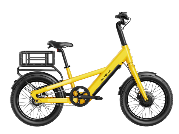 Yellow Heybike EC Compact Sport Electric Bike with a black seat and basket on a white background