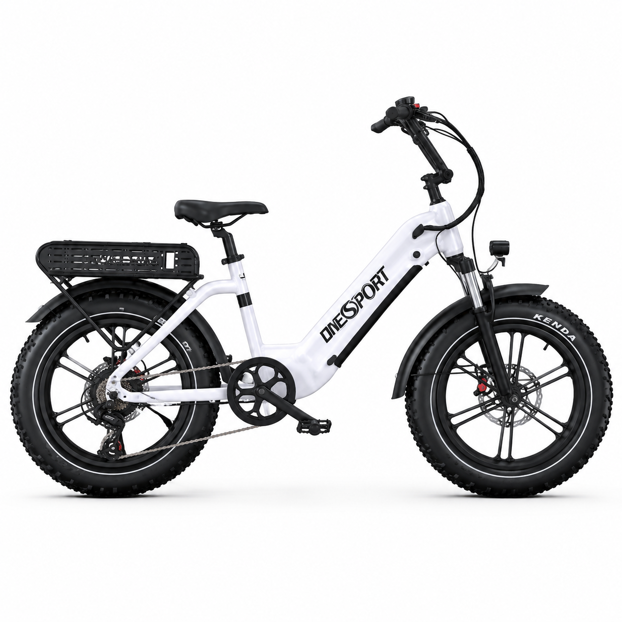 A white and black ONESPORT OT08 electric fat tire bike with a rear cargo basket, shown from a side profile on a clean white background.