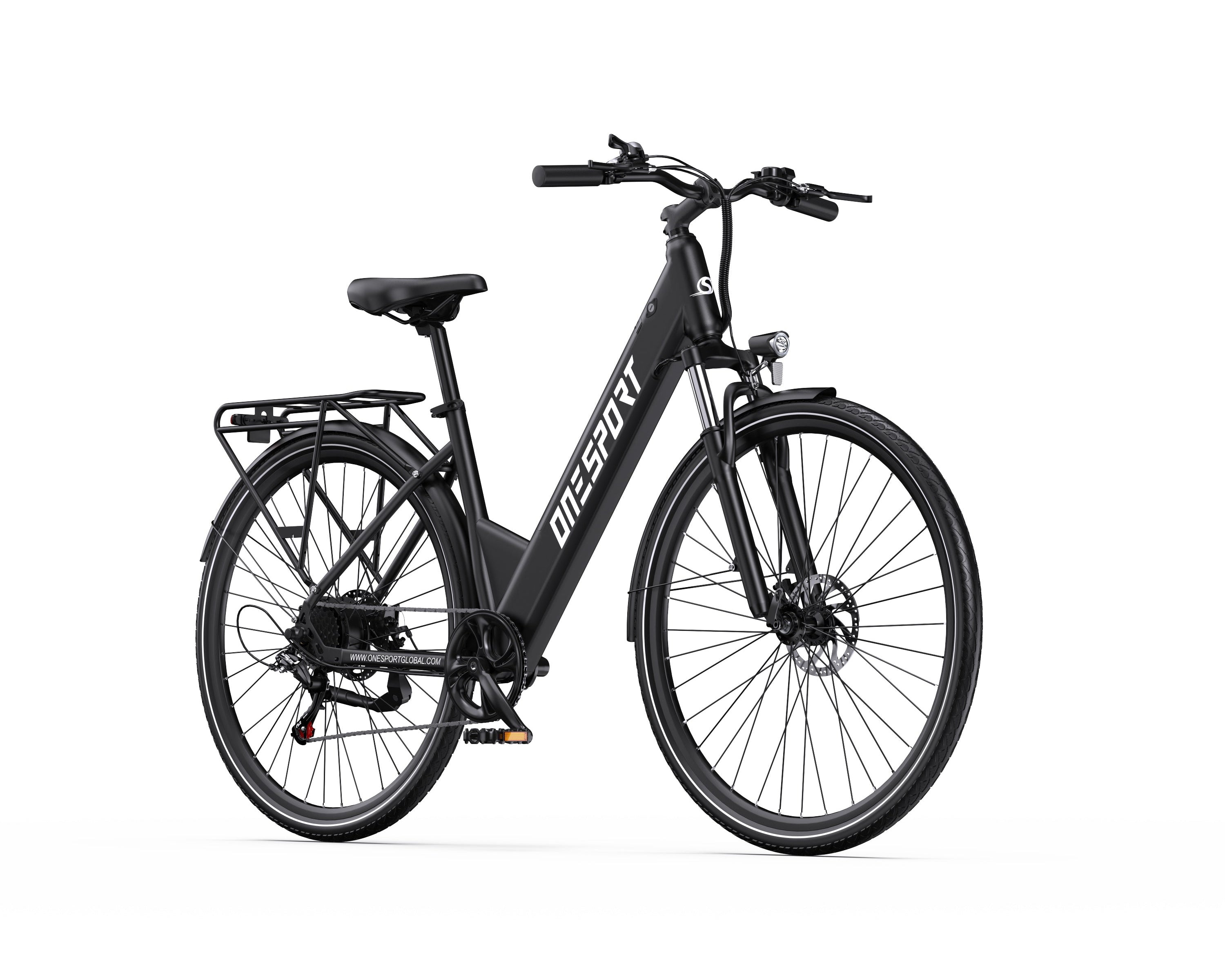 Black ONESPORT OT12 Urban Electric bicycle on a white background