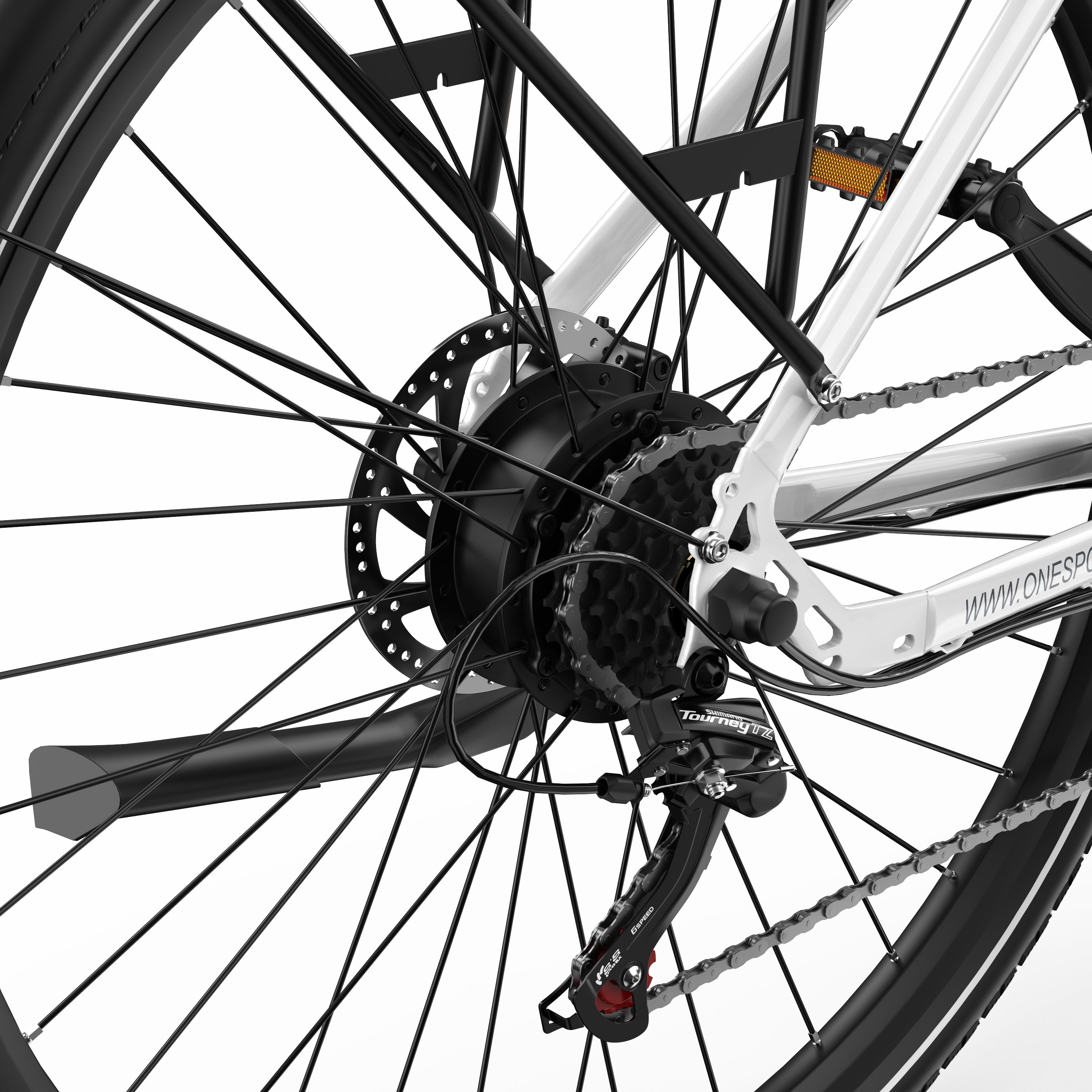 Close-up of a bicycle wheel with chain and gear on a white background - ONESPORT OT12 Urban Electric Bike