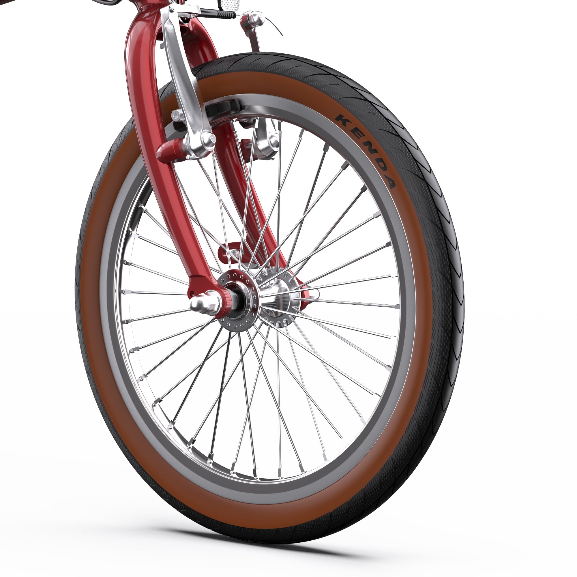 Close-up of a OneSport OT02 Compact Folding Electric Bike wheel with red frame and brown rim on a white background