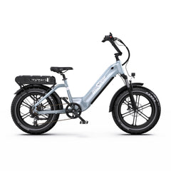 A silver Onesport OT08  Electric Bike with fat tires, a black battery pack mounted on the rear frame, and a black seat, shown in a side profile on a white background.