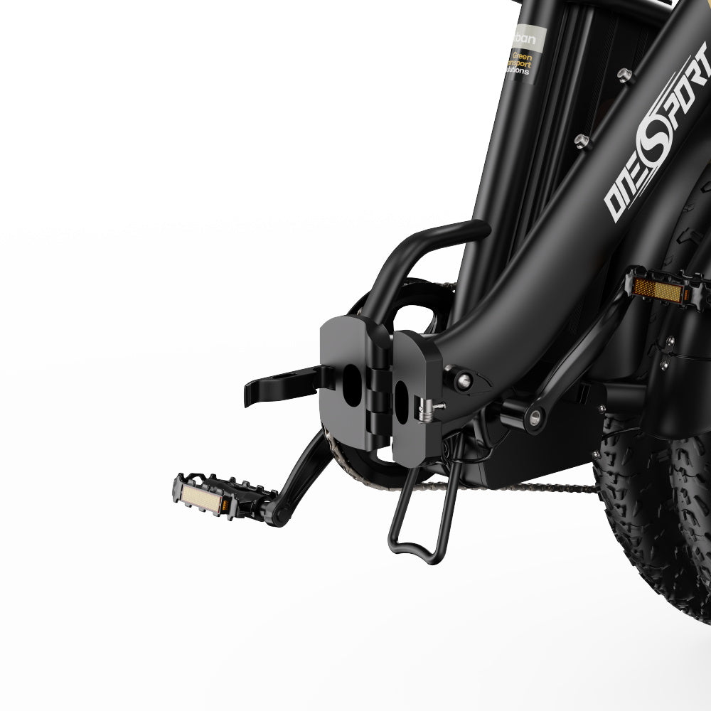 Close-up of a black electric bike with 'OneSport' branding on a white background