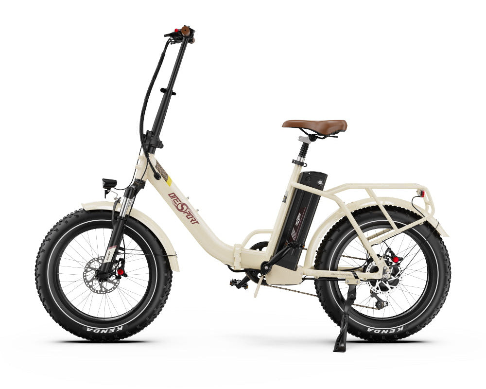 White Onesport OT16 MAX Folding Electric Bike  with brown seat on a white background