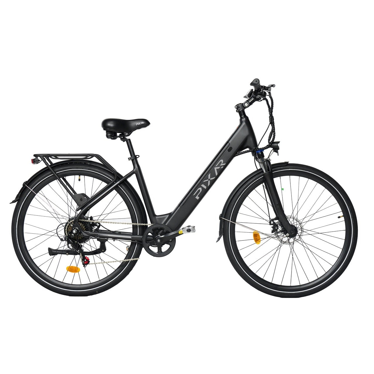 Pixar City 1 electric bicycle in black on a white background