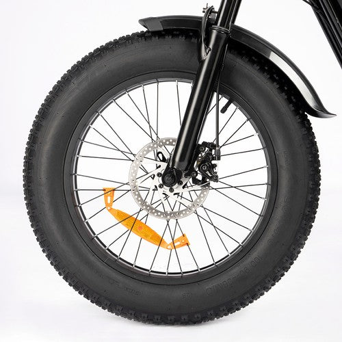 Close-up of a Ridstar Q20 Mini Electric Bike wheel with a white background