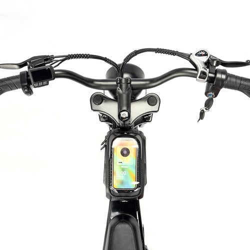 Ridstar Q20 Mini Electric Bicycle handlebar with a smartphone mount displaying a colorful screen on a white background