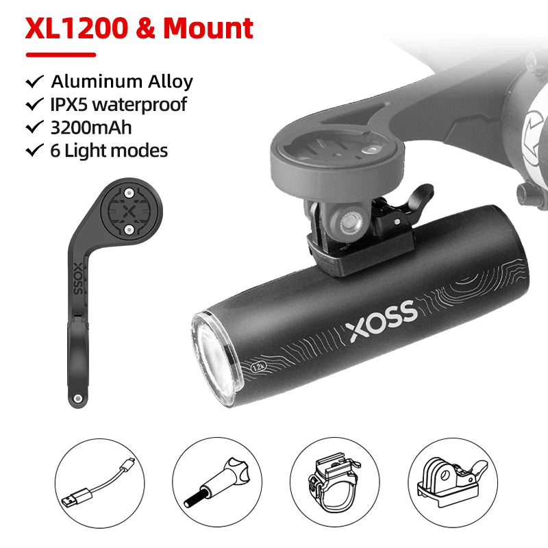 XOSS XL1200 Headlight 200-1200 Lm  Bike Light Waterproof Rechargeable Front Lamp Bicycle Light Aluminum Ultralight Flashlight