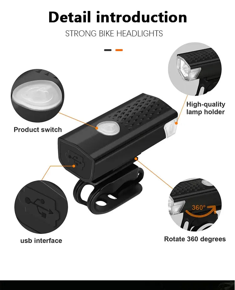 MTB Bike Front Lights USB LED Rechargeable Waterproof Mountain Bike Headlight Bicycle Light Warning Cycling Accessories