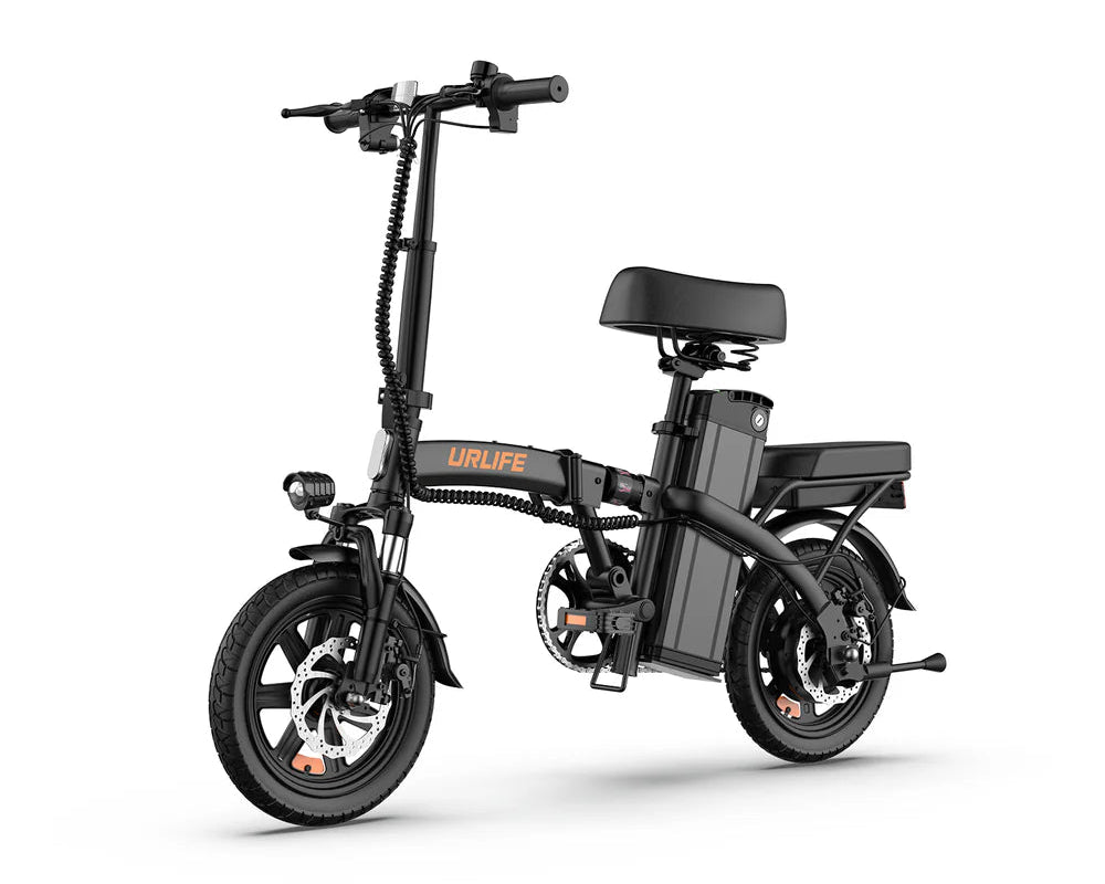 Black URLIFE F1L Compact Folding Electric Bike with URLIFE branding on a white background - Pogo Cycles, Ireland