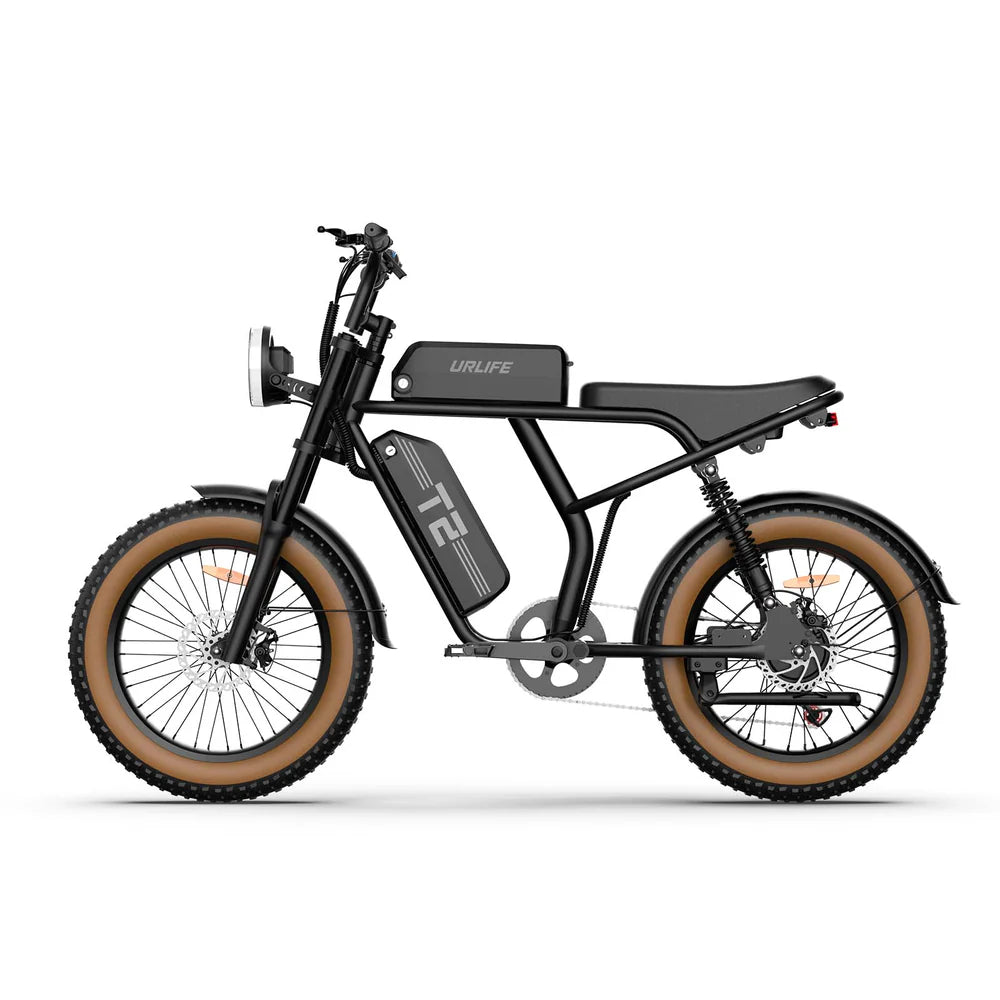 URLIFE T2 Off Road Electric Bike with brown tires on a white background - Black 