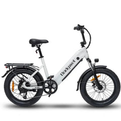 A white Bodywel F20 City Electric bicycle with fat tires, black saddle, black handlebars, and black fenders, shown from a side profile on a white background.