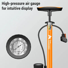 Orange bicycle pump with pressure gauge on a gray background