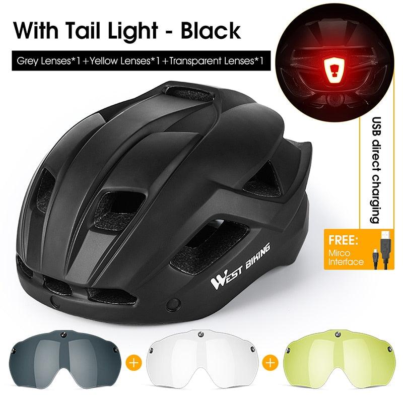 WEST BIKING Men Women Cycling Helmet With Taillight Goggles Sun Visor Lens Bicycle Helmet MTB Road Bike E-Bike Motorcycle Helmet - Pogo Cycles